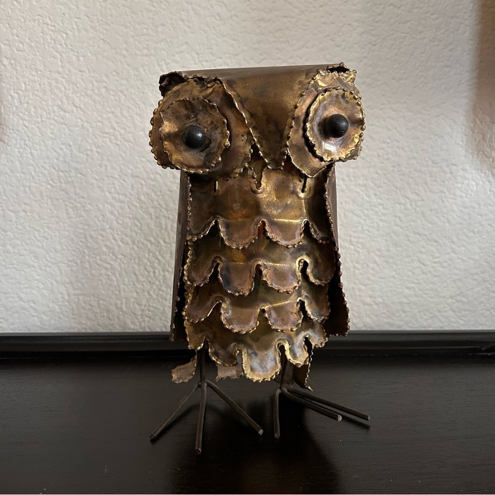 Vintage 70s metal OWL SCULPTURE brutalist gold Bird mid century modern art